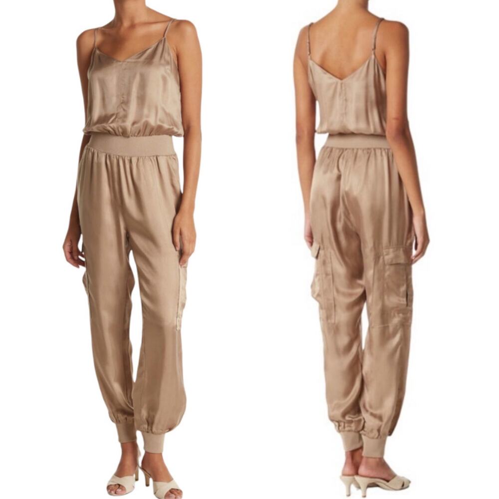 Cinq a Sept Satin Twill Amia Jumpsuit Cargo Pockets Jogger Leg Cupro Tan Small